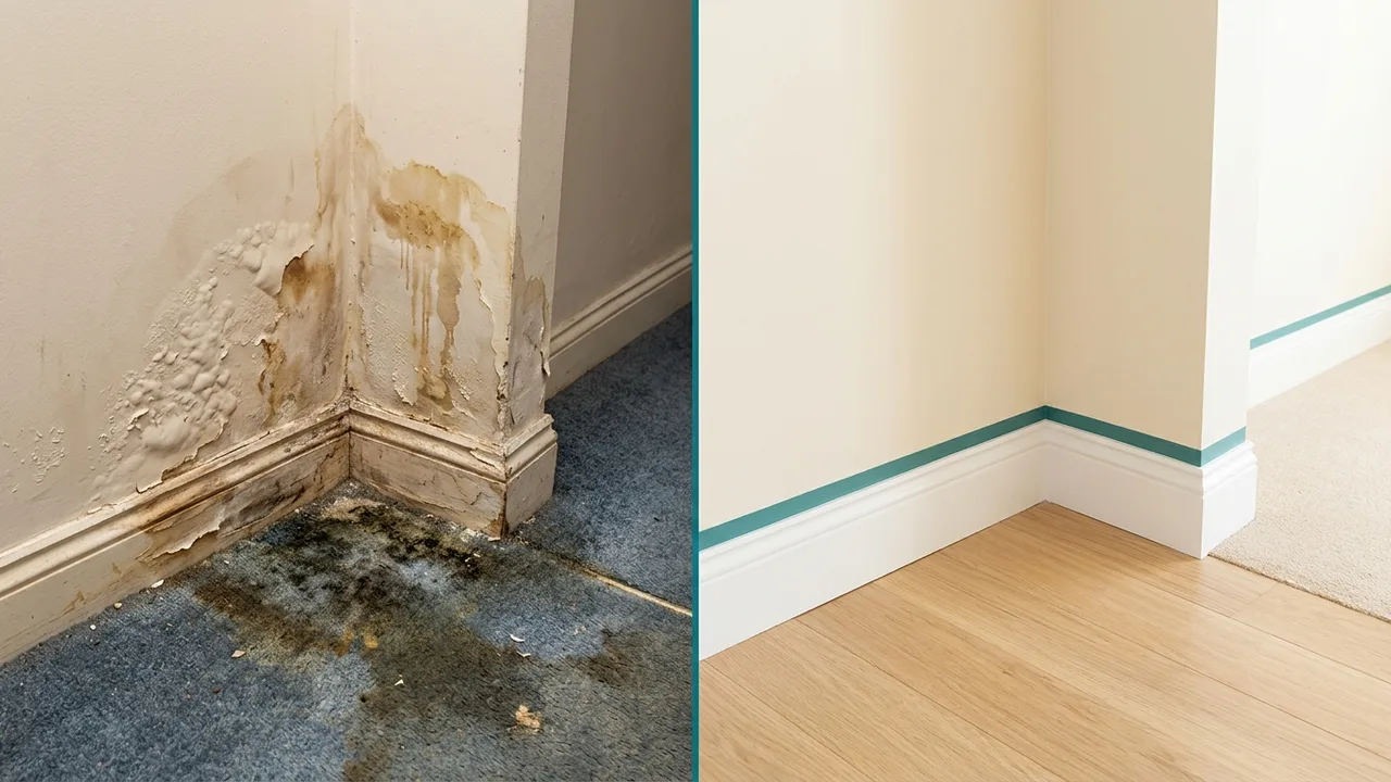Comparison showing water damage and a properly waterproofed repair